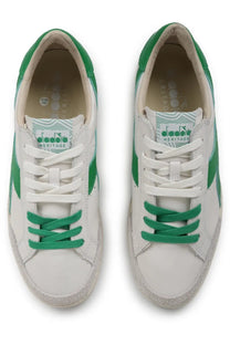 Diadora men’s sneaker prestige used white with white and green leather heritage design and classic clean style