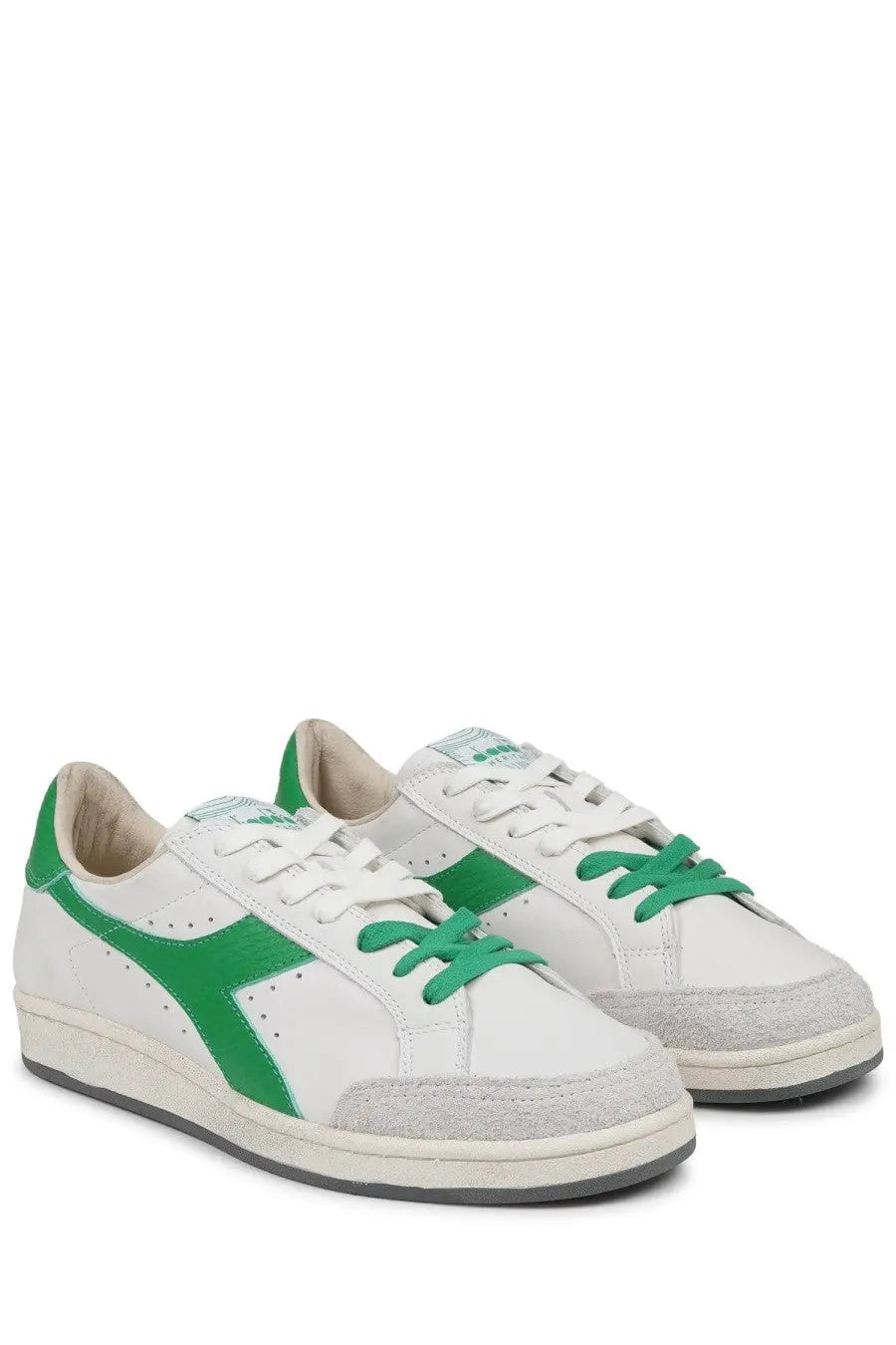 Diadora men’s sneaker prestige used white low-top with white and green suede accents on toe cap and heel