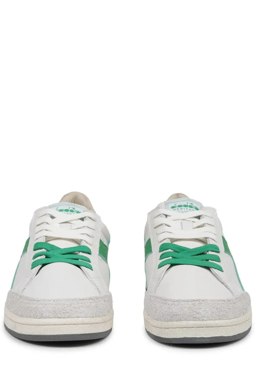Diadora men’s sneaker prestige used white with vibrant green laces and side stripes on a textured rubber sole
