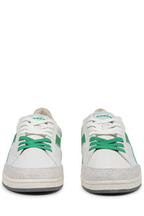 Diadora men’s sneaker prestige used white with vibrant green laces and side stripes on a textured rubber sole