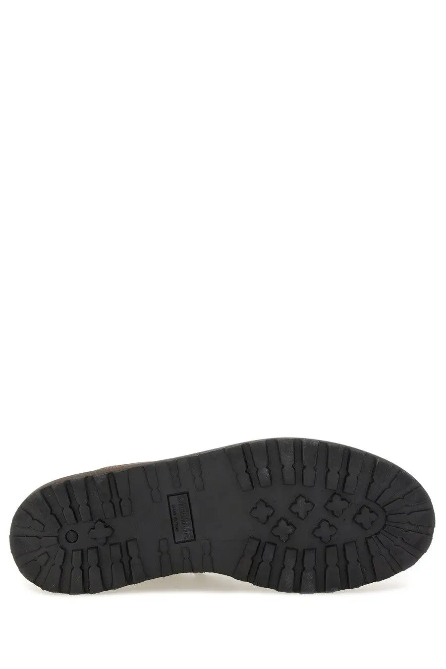 Black rubber sole with textured tread and embossed cross motifs on diemme men’s low hiking shoe rock brown