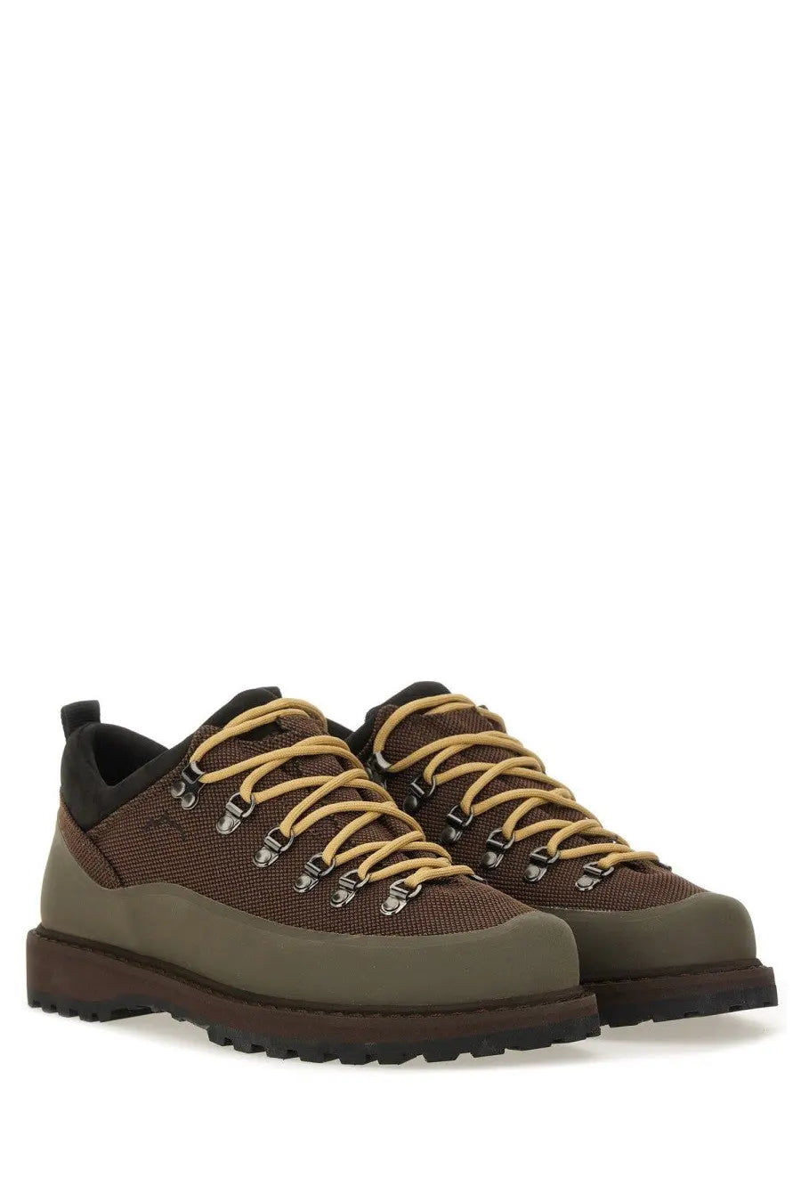 Diemme men’s low hiking shoe in rock brown with olive and brown leather, tan laces, and metallic eyelets