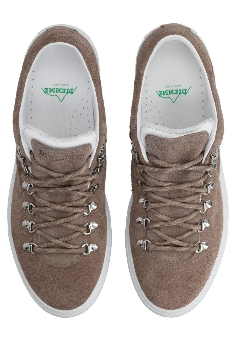 Diemme mens marostica low sneaker beige in tan suede with silver eyelets laces and white rubber sole