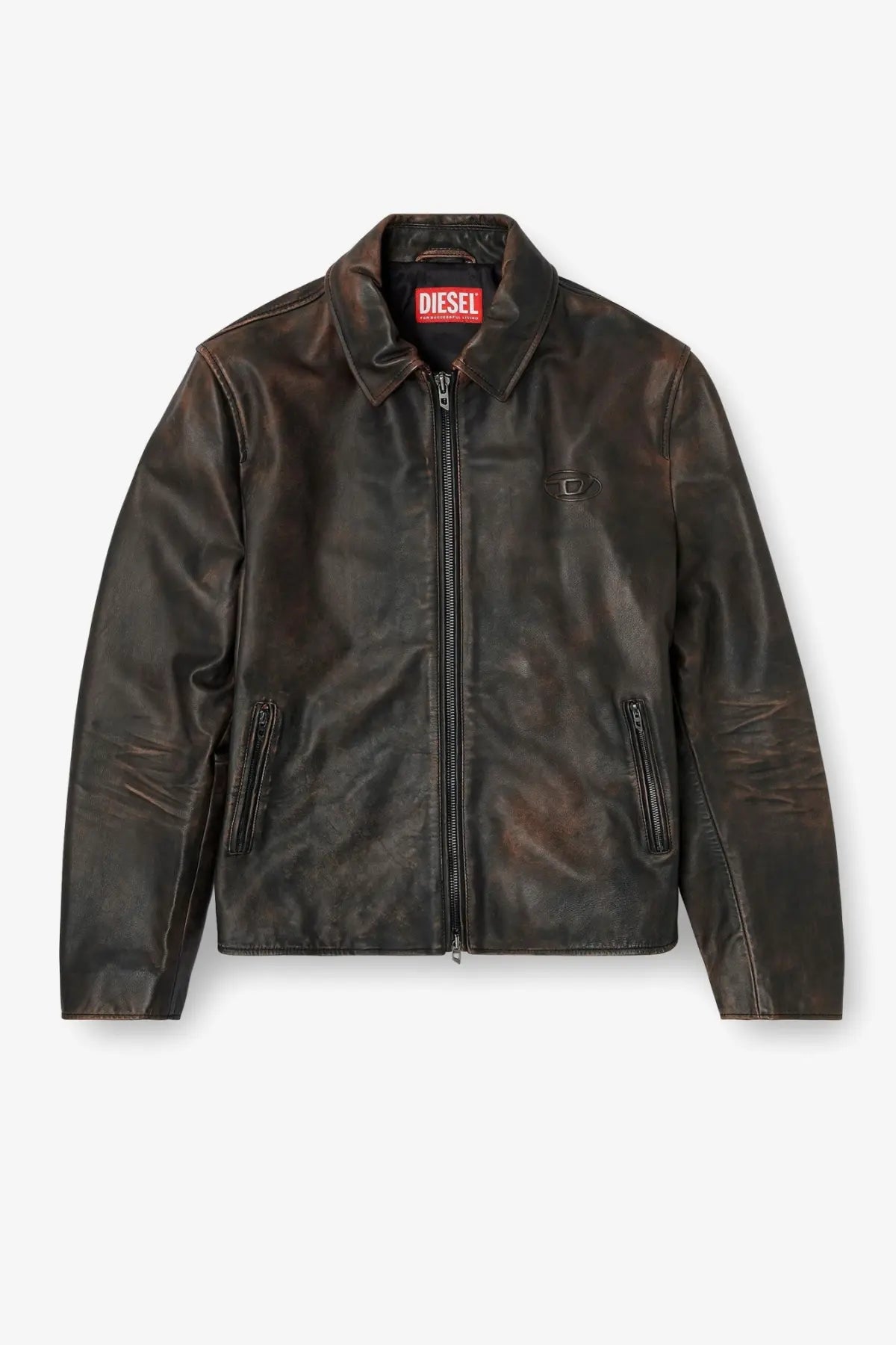 Diesel men’s Amar Wrd dark brown distressed leather jacket with embossed logo and red Diesel brand tag at collar