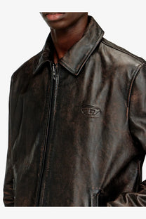 Diesel men’s amar wrd brown leather jacket in dark brown distressed leather with subtle embossed logo on the chest