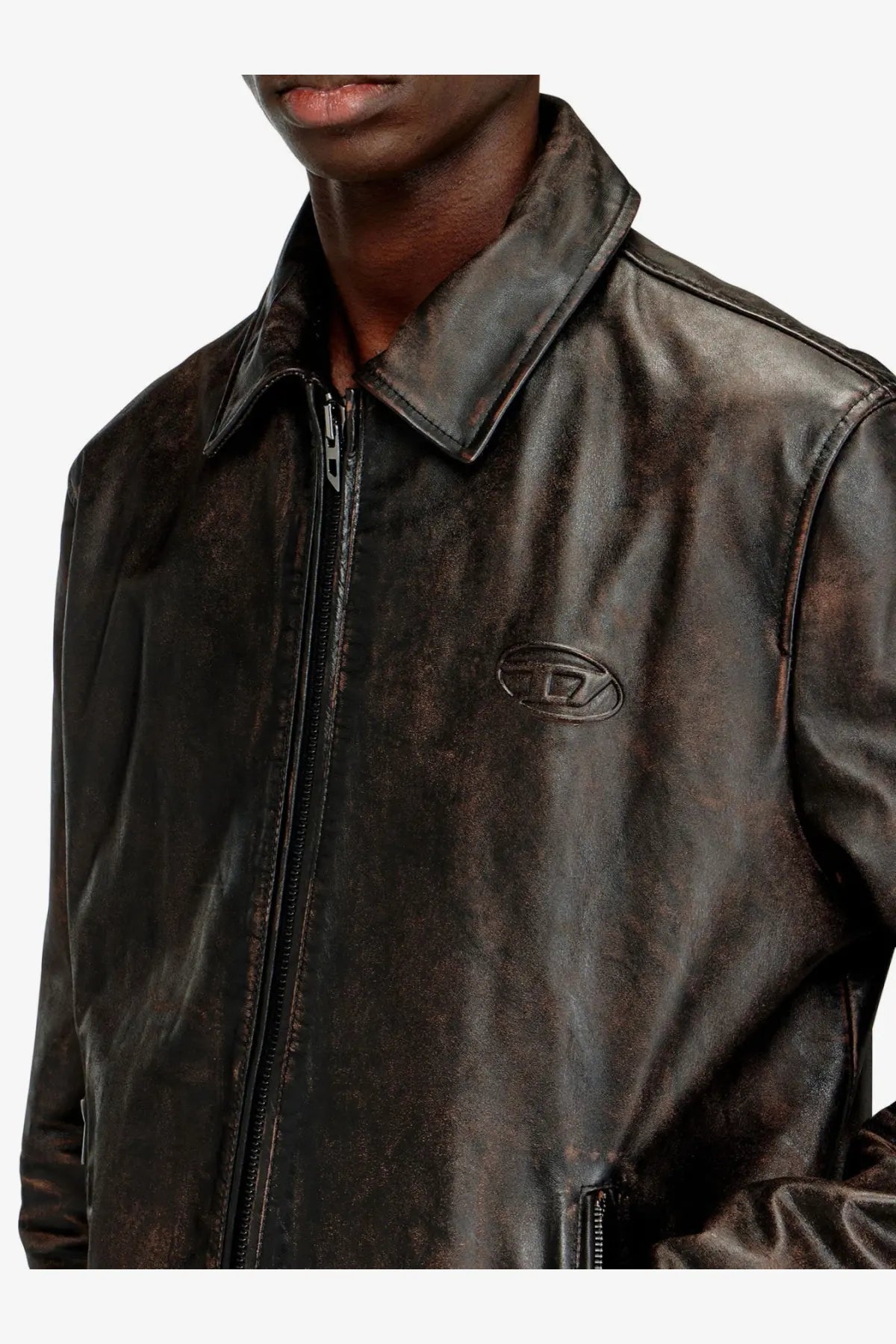 Diesel men’s Amar Wrd dark brown distressed leather jacket with a subtle embossed logo on the chest