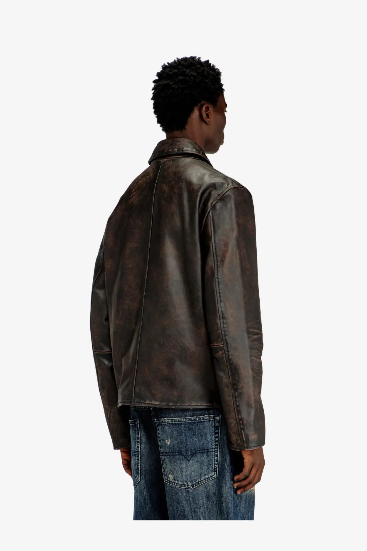 Diesel men’s Amar Wrd leather jacket brown dark brown distressed leather with classic collar and seam detailing