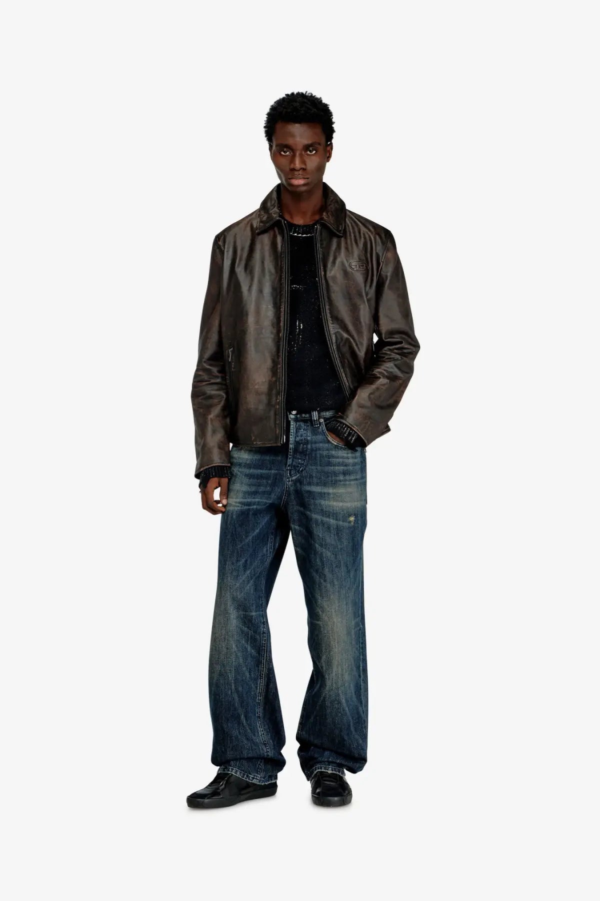 Diesel men’s Amar Wrd leather jacket in dark brown with subtle distressed finish and classic collar