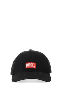 Diesel men’s black diesel baseball hat featuring a red rectangular fabric logo patch with white lettering