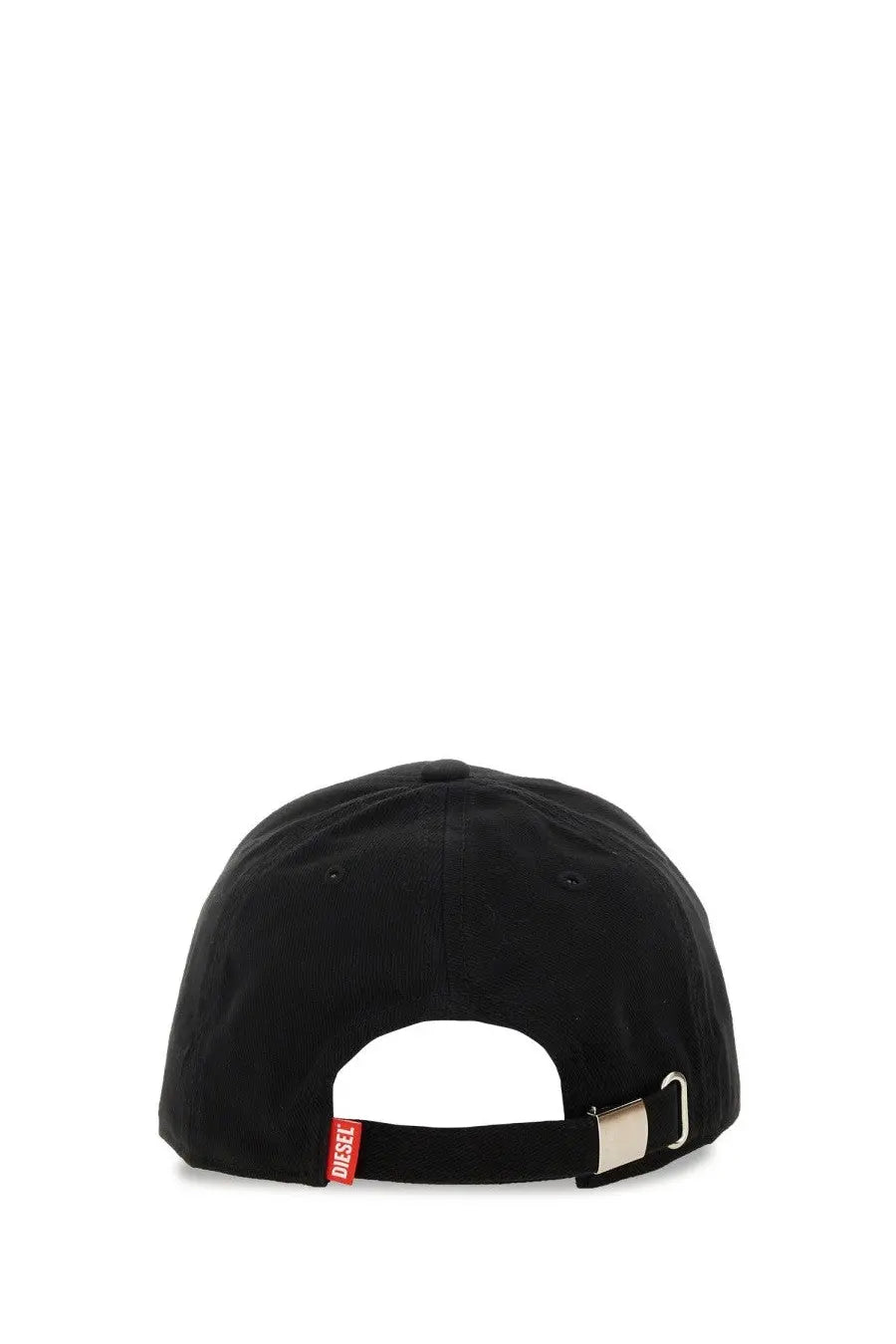 Diesel men’s black diesel baseball hat with red brand tag and silver metal buckle adjustable back closure