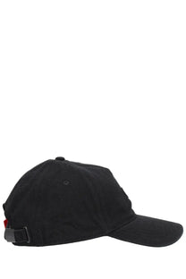 Diesel men’s black baseball hat with structured crown curved brim and black adjustable strap closure visible from back