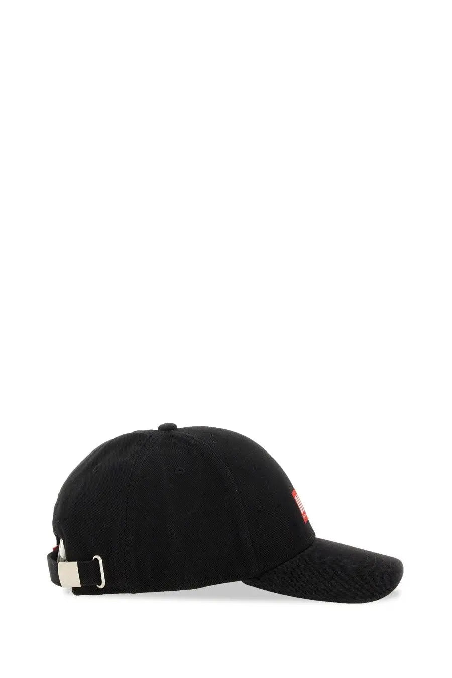 Black corduroy diesel men’s baseball hat with small red logo on side and silver buckle at back shown from rear view