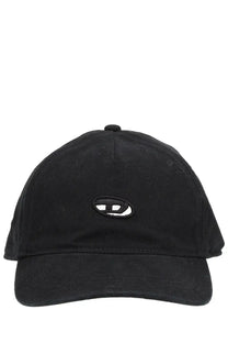 Black denim baseball cap with white embroidered logo on front by Diesel men’s baseball hat black