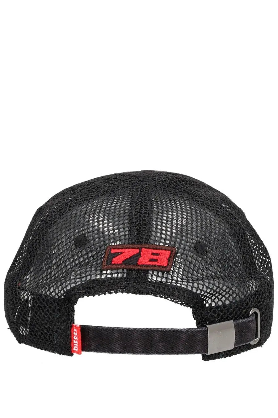 Diesel men’s baseball hat black featuring a black mesh trucker cap with a red 78 patch and a silver buckle closure
