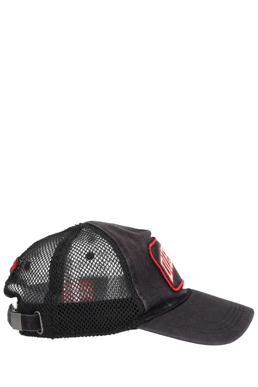 Diesel men’s baseball hat black featuring a black mesh trucker cap with a red-trimmed patch on the side