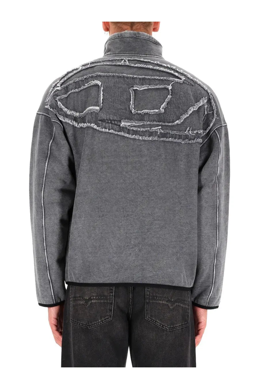 Back of diesel men’s baty new sweatshirt grey showing gray denim jacket with distressed patchwork and white stitching design