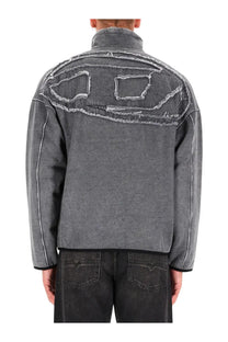 Back of diesel men’s baty new sweatshirt grey showing gray denim jacket with distressed patchwork and white stitching design
