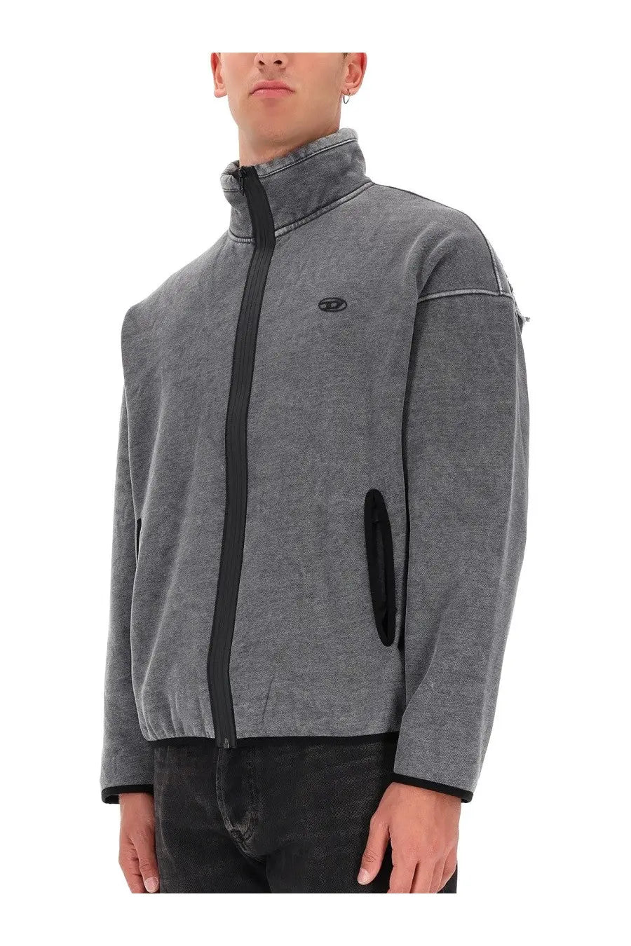 Diesel men’s Baty new sweatshirt grey fleece jacket with black zipper and trim in textured soft material