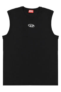 Diesel men’s bisco iod top black sleeveless tank top with white embroidered logo and red brand tag at neckline