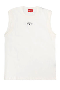 Diesel men’s bisco iod sleeveless white diesel t-shirt with small black embroidered logo and red neckline tag