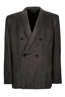 Diesel men’s dark gray double-breasted blazer with black buttons and subtle textured fabric in arman albg grey