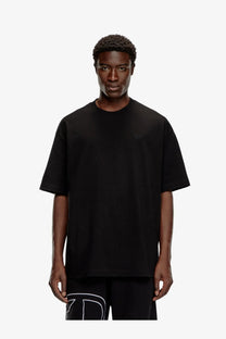 Diesel men’s boggy black oversized cotton crewneck t-shirt with subtle embroidered logo on left chest
