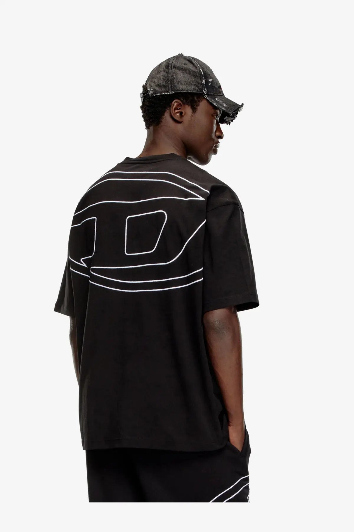 Diesel men’s boggy black cotton t-shirt showing back side with bold white outlined graphic design
