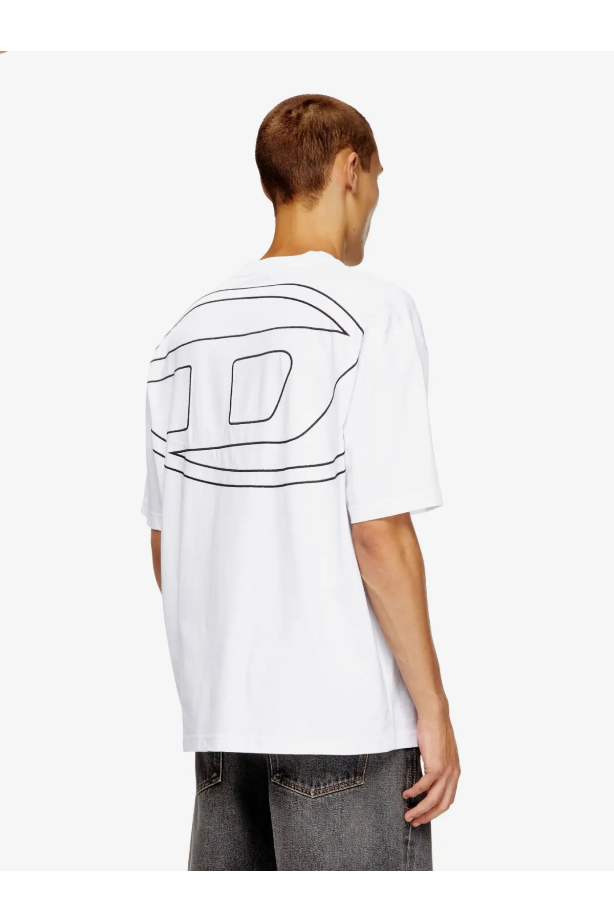 White oversized cotton t shirt by Diesel men featuring bold black outlined graphic on the back