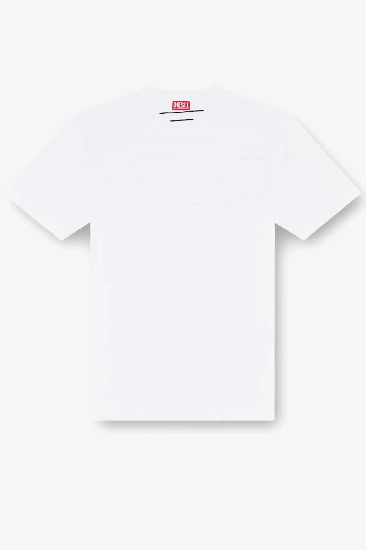 Diesel mens boggy megoval white cotton t shirt with a red logo tag at the neckline