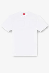 Diesel mens boggy megoval white cotton t shirt with a red logo tag at the neckline