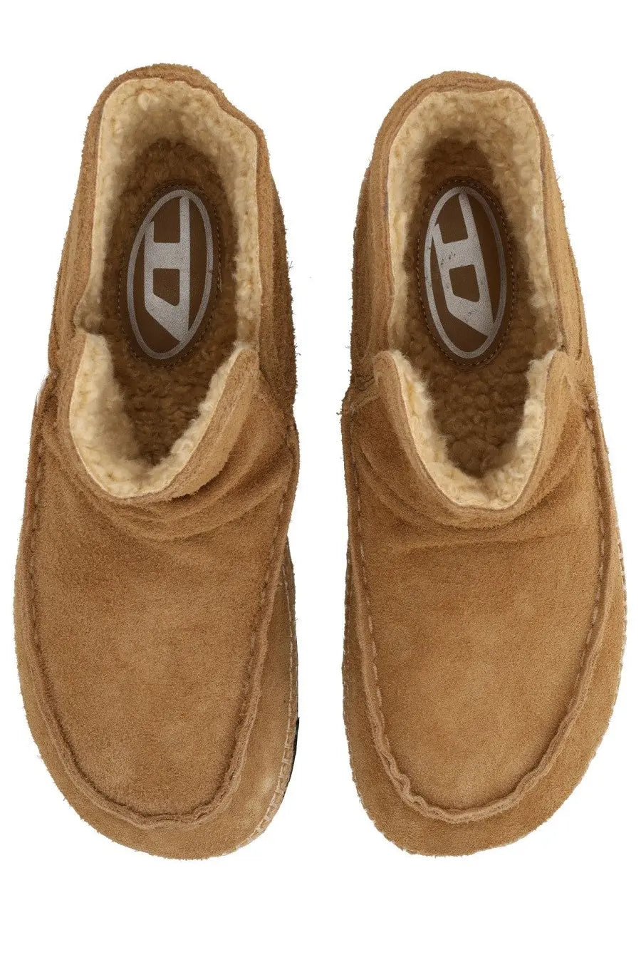 Diesel men’s boot Lukas Akb beige tan suede moccasin slippers with plush beige shearling lining and logo patch insole