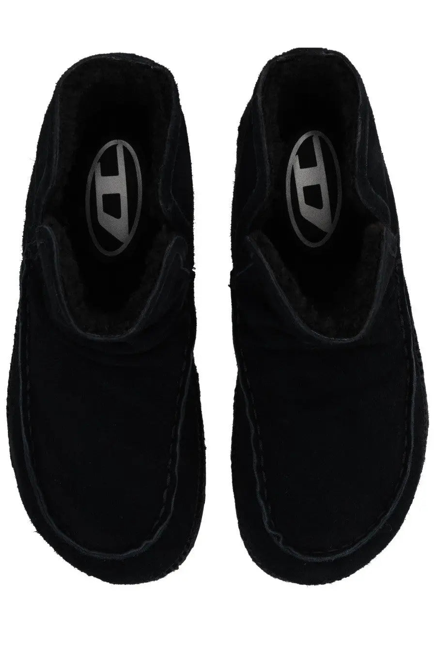 Diesel men’s boot Lukas Akb black black suede slip-on moccasins with plush lining and silver logo emblem on insole