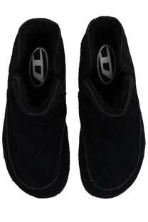 Diesel men’s boot Lukas Akb black black suede slip-on moccasins with plush lining and silver logo emblem on insole