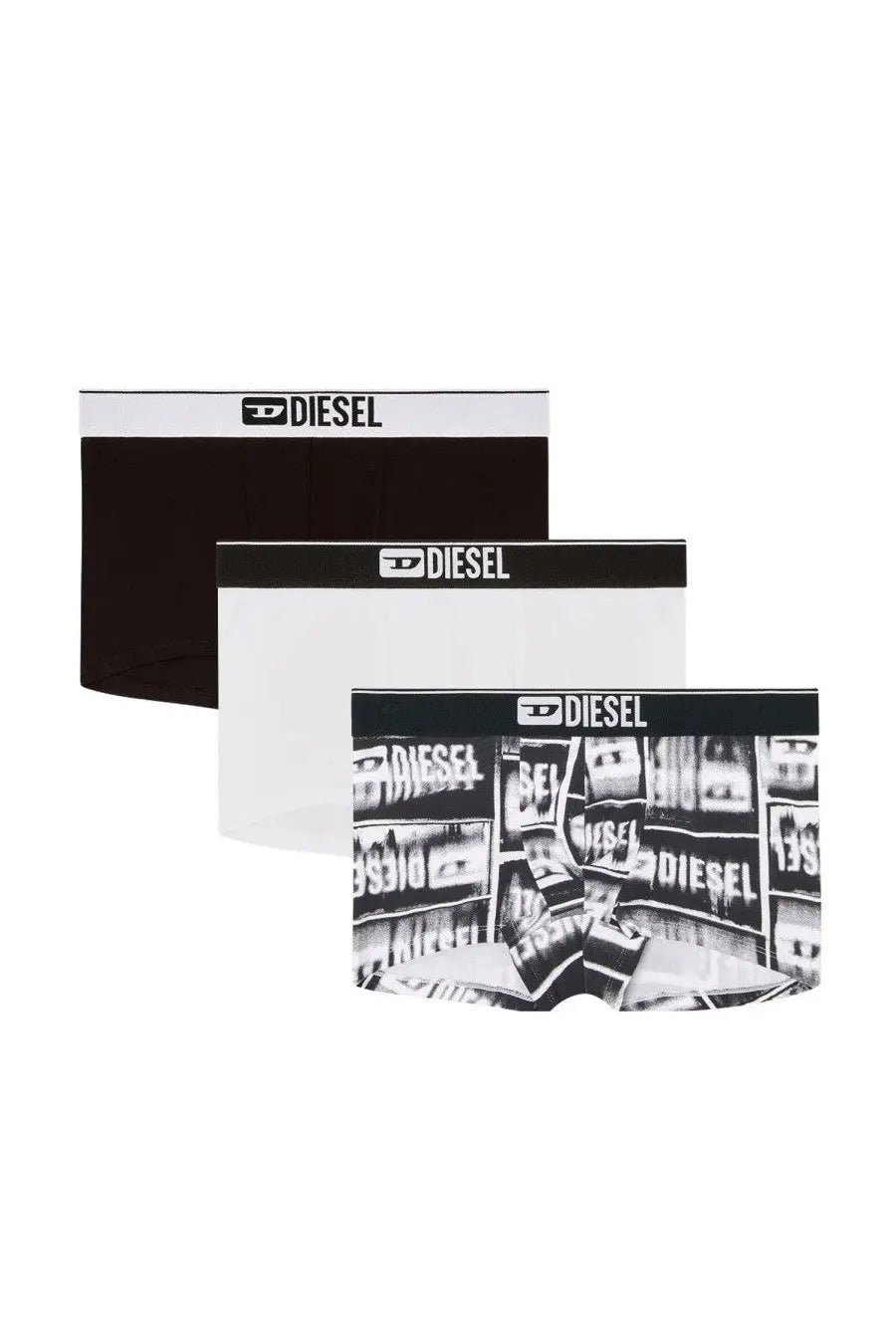 Diesel men’s boxer briefs in black white and graphic print multicolor design for comfortable everyday wear