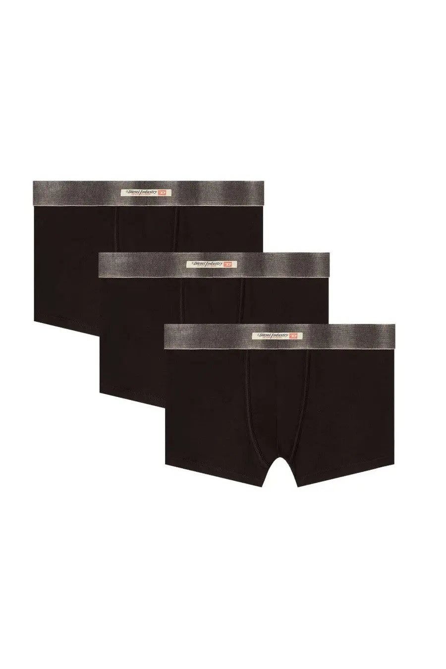 Black diesel men’s boxer briefs with textured gray waistband featuring trendy factory logo in damien dnm style
