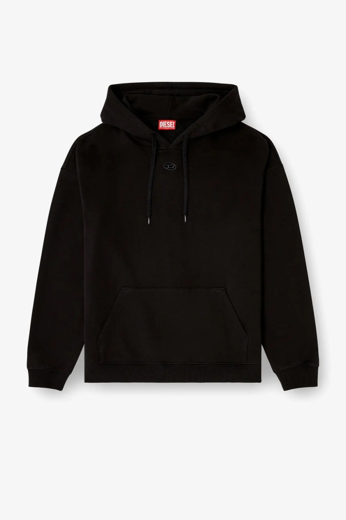 Diesel men’s boxt hood dco black cotton sweatshirt with subtle embroidered logo and red brand tag at the neckline