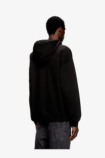 Diesel mens boxt hood dco cotton sweatshirt in black with oversized fit and ribbed cuffs visible in front view