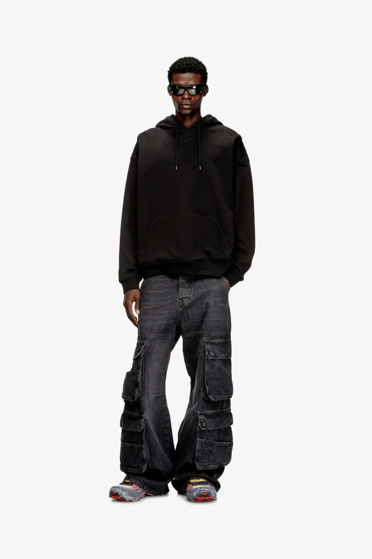 Diesel men’s boxt hood dco black oversized cotton sweatshirt with front pocket and drawstring hood
