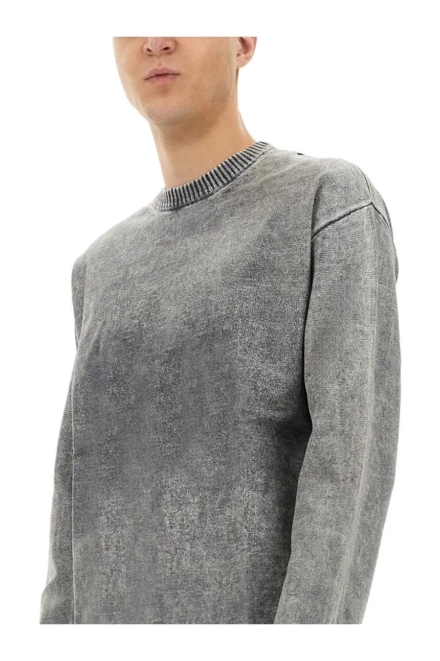 Diesel men’s Brutus jersey multicolor gray textured knit sweater with ribbed crew neck front view