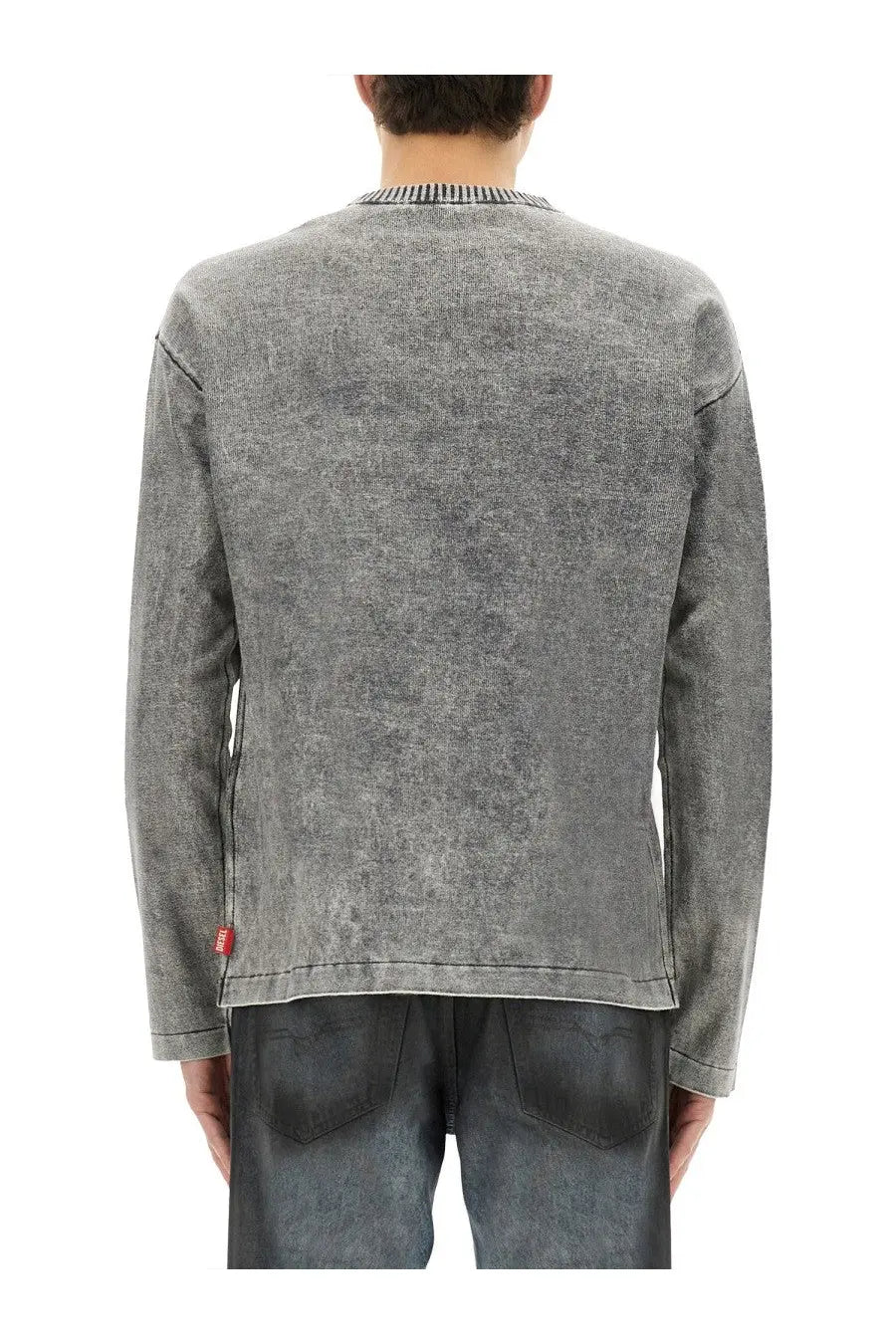 Diesel men’s brutus jersey multicolor gray washed denim long sleeve shirt with ribbed crew neck and red brand tag at hem