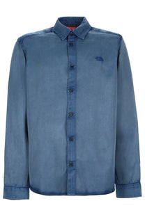 Diesel men’s blue denim button-up shirt with subtle faded wash and embroidered diesel logo on the chest