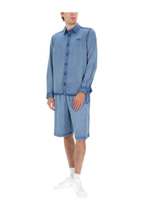 Diesel men’s camicia holg con blue light blue denim shirt with subtle texture button-down front rolled cuffs and chest logo