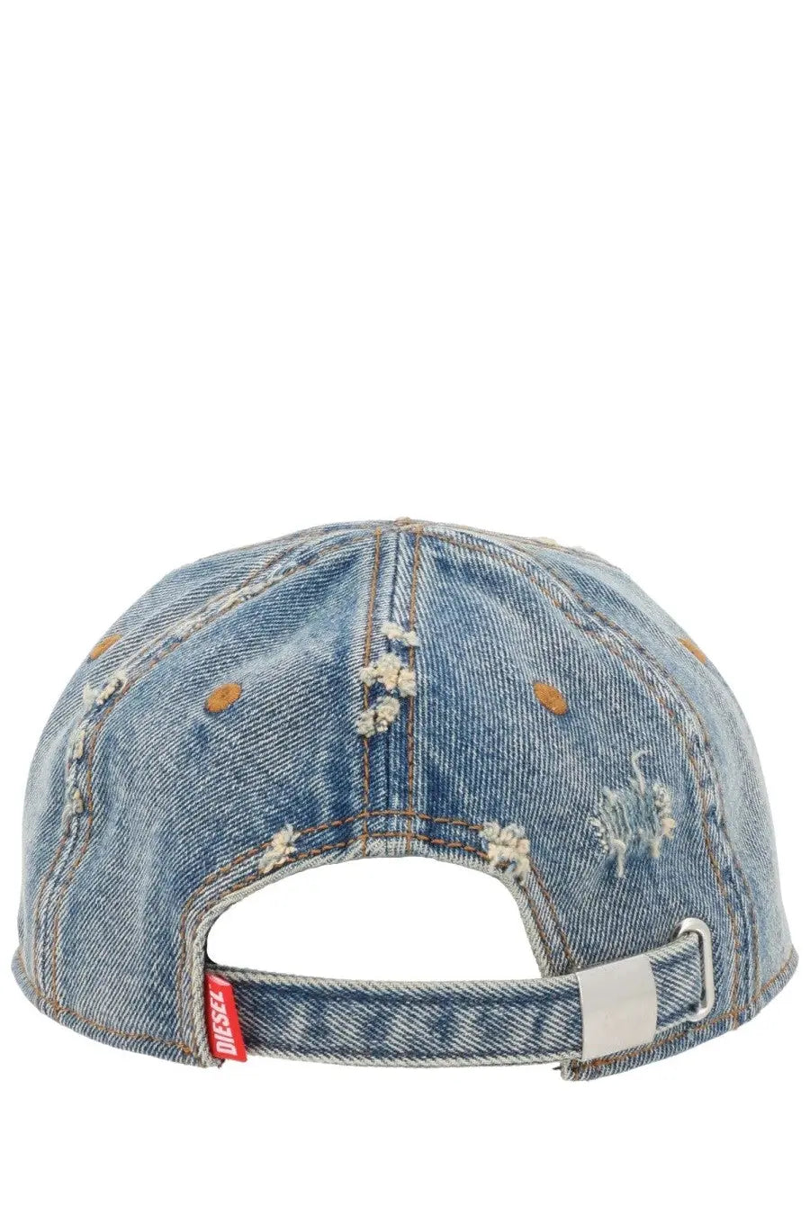 Denim baseball cap by diesel in faded blue with distressed fabric and white floral embroidery accents