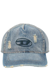 Distressed light blue denim Diesel men’s baseball cap with a black embroidered logo perfect for casual wear