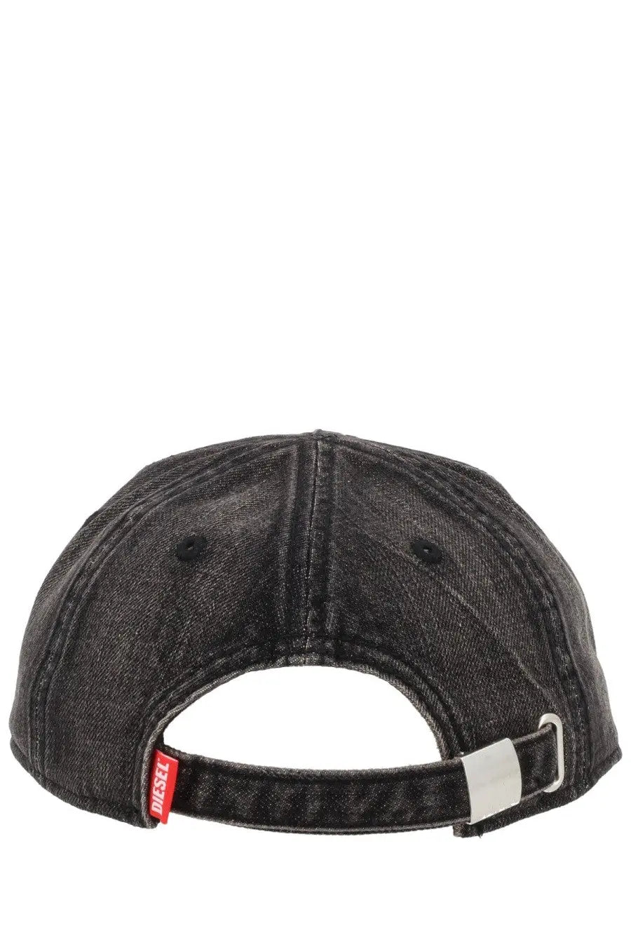Black denim Diesel men’s baseball cap with white plastic buckle and red brand tag shown from the back side