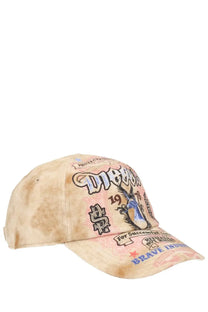 Beige distressed cotton baseball cap by Diesel featuring vibrant multi-colored graphic design with bold lettering and illustrations