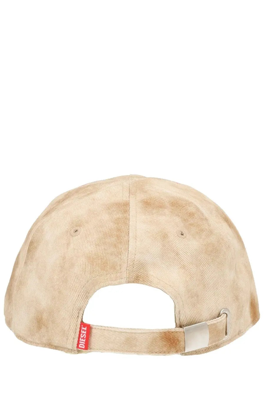 Diesel men’s cappello da baseball beige tie-dye cotton cap with red brand tag and silver metal buckle back view