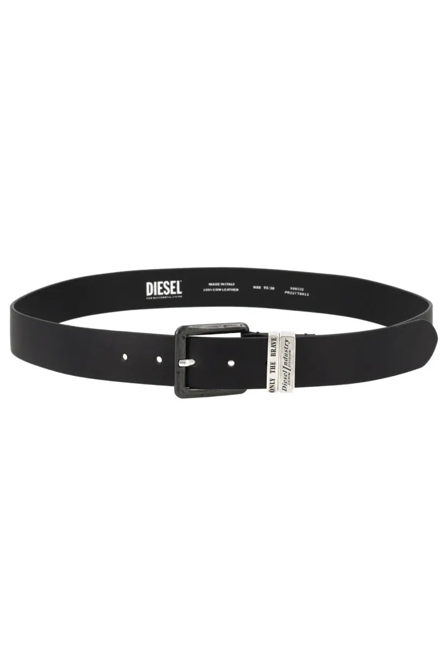 Diesel men’s cinturón guarantee con black black leather belt with matte black buckle and silver metal plate