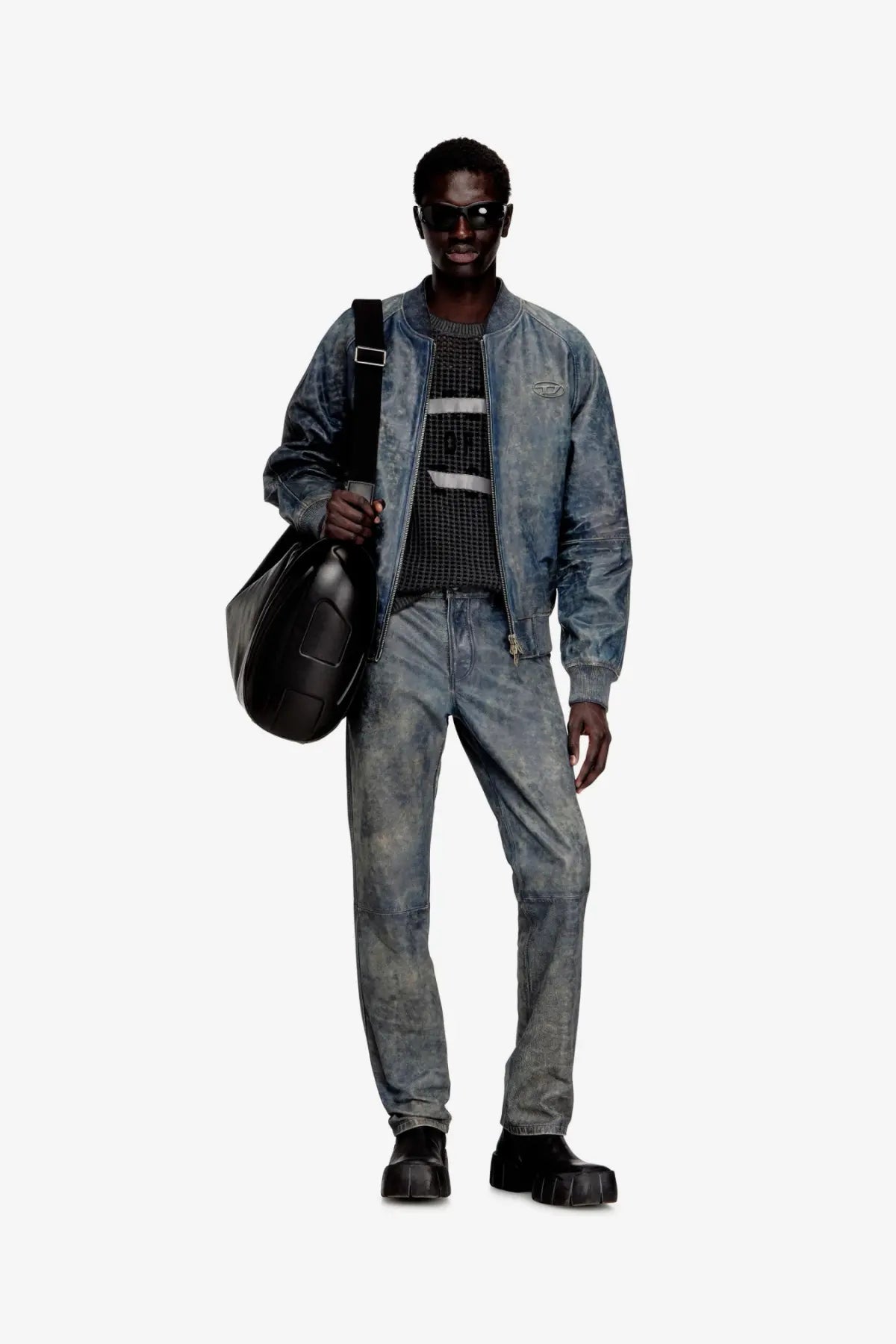 Black leather shoulder bag with quilted design and structured shape paired with diesel mens cobb grey leather jacket