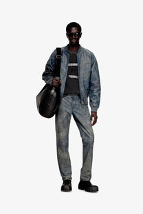 Black leather shoulder bag with quilted design and structured shape paired with diesel mens cobb grey leather jacket